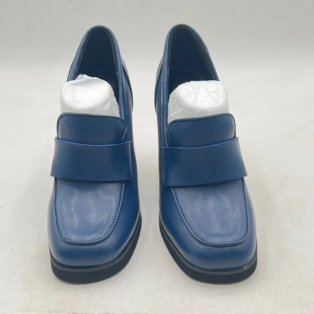 YDN Blue Dressy Pump Square Closed Toe Slip On Loafers Wedges High Heeled Shoes - Picture 3 of 8